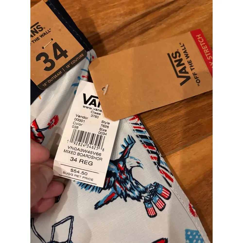Vans men’s size 34 patriotic swim trunks red white and blue. 18” outseam NWT